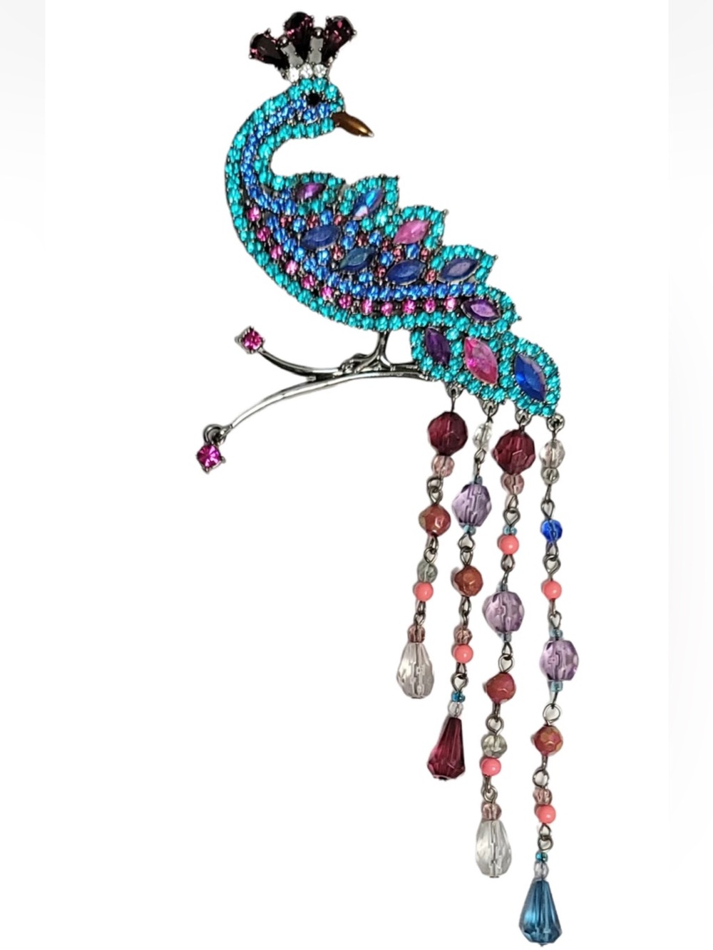 Avon Vintage Silver-tone Peacock Rhinestone And Beaded Dangle Brooch